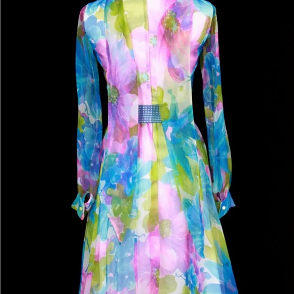 Vtg 60s 70s Boho Hippie Blue Floral Chiffon dress PROM Wedding Party Jack Bryan - Picture 5 of 7